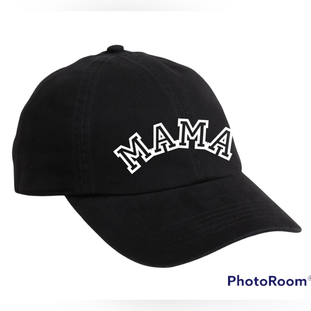 White and black mama hat with adjustable strap easy to wash